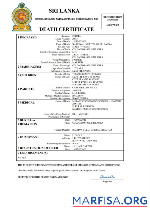 Blank Sri Lanka vital record death certificate Word and PDF template